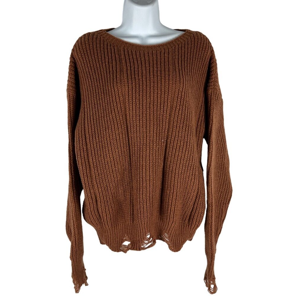 Distressed Brown Knit Sweater - Womens Size L - 100% Polyester